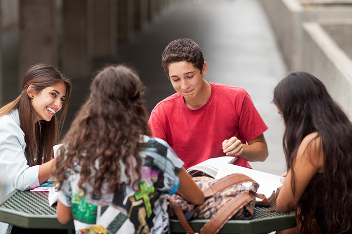 students studying at a table outside