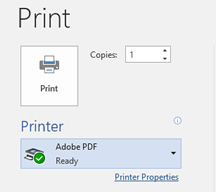 Screen shot of the printing menu set to print to Adobe PDF