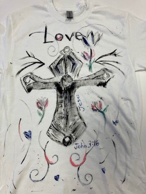 white tee shirt with the words 'love Jesus, John 3:16' and a crucifix hand painted on it